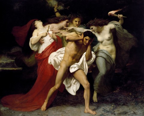 Orestes Pursued by the Furies by William-Adolphe Bouguereau, 1862. Exactly why Orestes felt obliged to kill his mother in the nude is still a matter of scholarly debate.