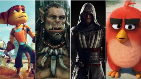 Ratchet and Clank(far left,) Warcraft(middle left,) Assassin's Creed(middle right,) and Angry Birds(far right) in their movie form.