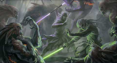 Eison Gynt battles Massassi Sith  Warriors with Barel Ovair 