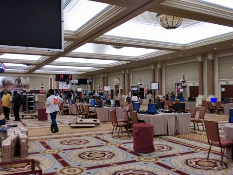 A basic shot of the EVO floor before the big day with setups and vendors.