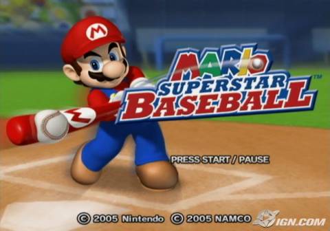 The game's title screen with Mario swinging for the fences.
