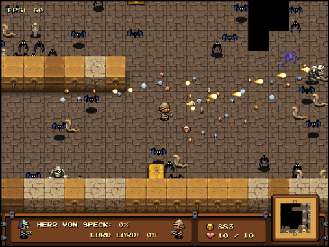 The player firing at a group of enemies.