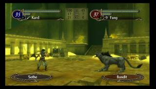 Pictured: an early battle in the game featuring an overly powerful character.