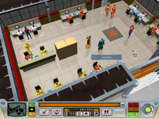 A control room staffed by construction workers (in yellow), science minions (white and light blue), henchmen (blue), military minions (orange), social minions (red), and the evil genius (Shen Yu, yellow and black). 