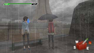 The female protagonist and her companion Saki navigating a flooded area of the island as it rains.