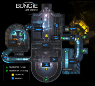 An overhead view of Cold Storage, with weapon placements for the default variant of the map.