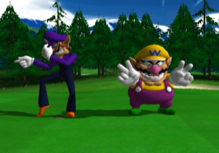 Wario and Waluigi celebrating on one of the greens of Lakitu Valley.