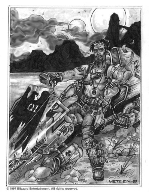 The marshal, Jim Raynor, as he appears with his Vulture bike as a concept art.