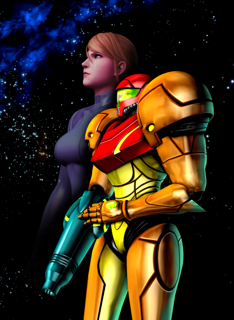 Samus, in and out of her iconic power suit.