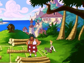  Guybrush playing caber toss with Haggis