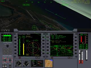 A player flies the Delta-Glider from the 2D panel perspective. The map MFD is on the right, and the VTOL MFD is on the left.