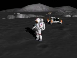 A player controls Astronaut Eugene Cernan as he walks on the Moon during Apollo 17.