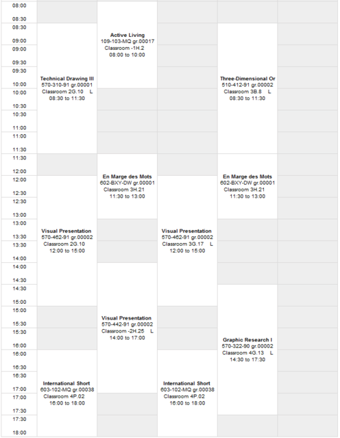 My wonderfully packed schedule. At least I have Friday's off, so I can have time to collect my brain splattered all over my bedroom walls from stress.