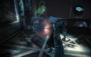 Alucard opens a Secret Box. The red glow indicates that it contains a Life upgrade, and a Dodo can be seen perched atop the box, having alerted Alucard to its position.