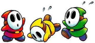Shy Guys appear in various colors like green, red, blue, & yellow.