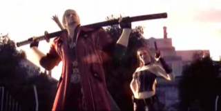 Dante with his brother's sword, Yamato, and Trish.