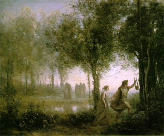 An oil painting of Orpheus and Eurydice by Jean-Baptiste-Camille Corot. Don't look back, idiot!