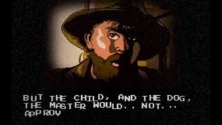 One of the game's cutscenes in the Director's Cut version, with a still from the movie re-drawn in an 8-bit aesthetic.  