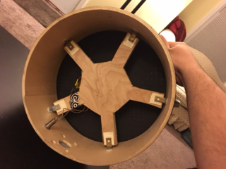 The underside of one of my completed drums. The sensor platform in this one is held in place with angle brackets and adhesive pads.