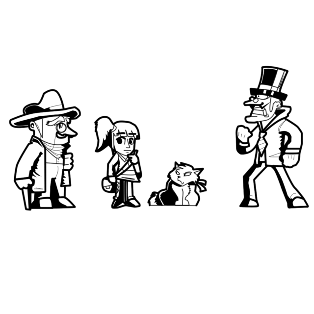  My character to far left,  his smart grand child, his grumpy cat and finally his rival on the right
