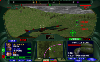 Nikola and squad protect a downed aircraft. At bottom, the player MFD shows squad info (left), minimap (center), as well as weapon, ASF, and status readouts (right).