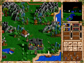 The Adventure Screen, with a Knight town, two mines, and four heroes
