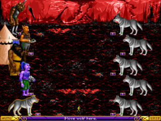 A Barbarian fights a group of neutral wolves against a hellish backdrop.