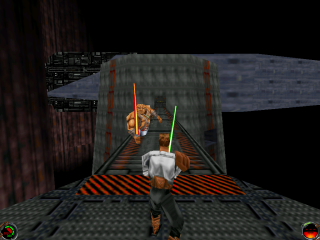 Jedi Knight's third-person camera is primarily useful during lightsaber battles.