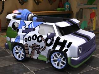 A kart with a paint job inspired by Regular Show.