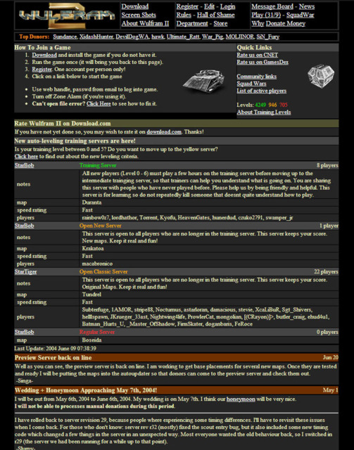 A screenshot of the Wulfram 2 website and Server browser circa 2004.