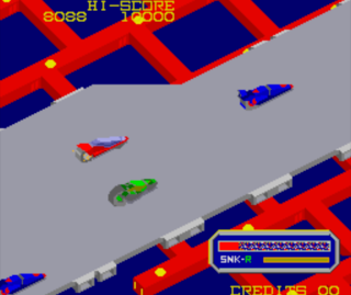 A typical slice of gameplay in Mad Crasher. Here the player has activated the motorcycle's SNK-R (get it?) speed boost.