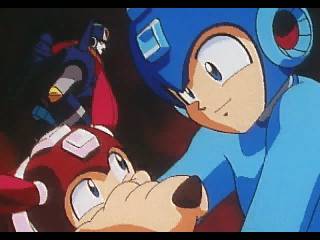 Mega Man and Rush in a scene where Mega Man is fortunately not talking   