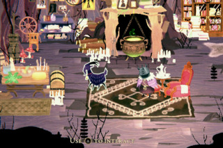 The Witch's cozy hut. Interactive graphics are highlighted and paired with button prompts for easy, straightforward gameplay.