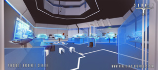 Concept Art for an office in The Crust showing a number of hackable devices
