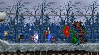 Pictured (from left to right): Alucard, Charlotte, Jonathan, Soma, Shanoa, Man-eating Plant, Treant.