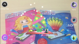 A rendered image of a colored Christmas tree along with AR Magic Color UP AR Coloring Books.
