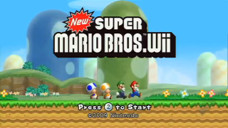 The title screen for New Super Mario Bros. Wii with Mario, Luigi, Yellow Toad, and Blue Toad.
