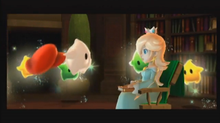 Rosalina tells the Lumas about Mario's adventures.