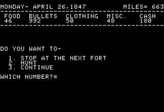 The Apple II version of the game, showing the player's supplies while allowing them to choose their next action.