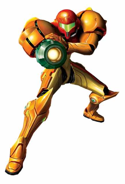 Samus in her power suit with the Varia upgrade enabled.