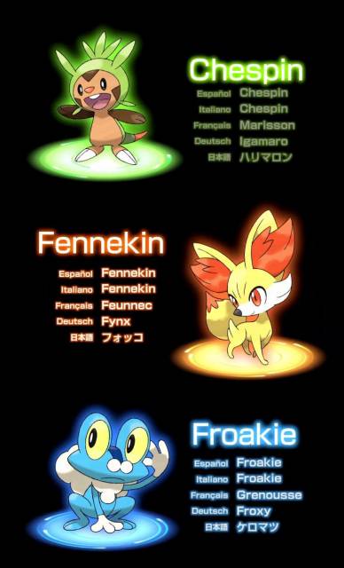 The game's starter Pokémon: Chespin (grass), Fennekin (fire), and Froakie (water).