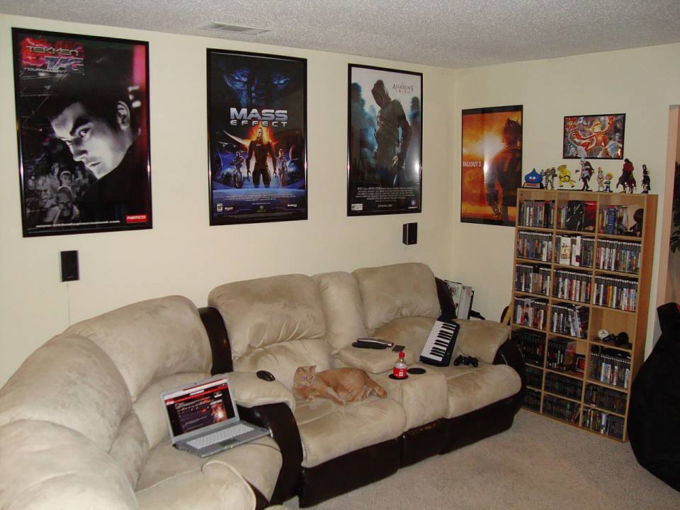 I got this couch stuff about the same time as the TV.  I've had the posters for a while, especially the Tekken Tag one.  The Fallout one is from PAX 08 and is signed by Todd Howard.  The 'Splosion Man poster is from PAX 09 and is signed by the Twisted Pixel team.  The shelving unit is all PlayStation stuff.