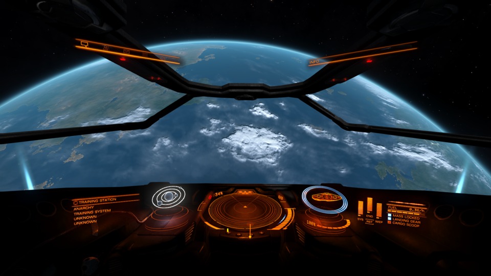Happened upon this Earth-like planet way out in deep space. Notice the thrusters firing as I point the nose of the ship down. Elite: Dangerous is full of little details like this.