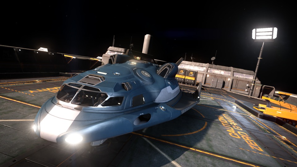 My first real ship, the Adder. It's tough to get a sense of scale here, but the Adder is about 100 feet long and 30 feet high and has an unladen weight of about 35 tons.  Some ships in Elite: Dangerous are many times this size. 