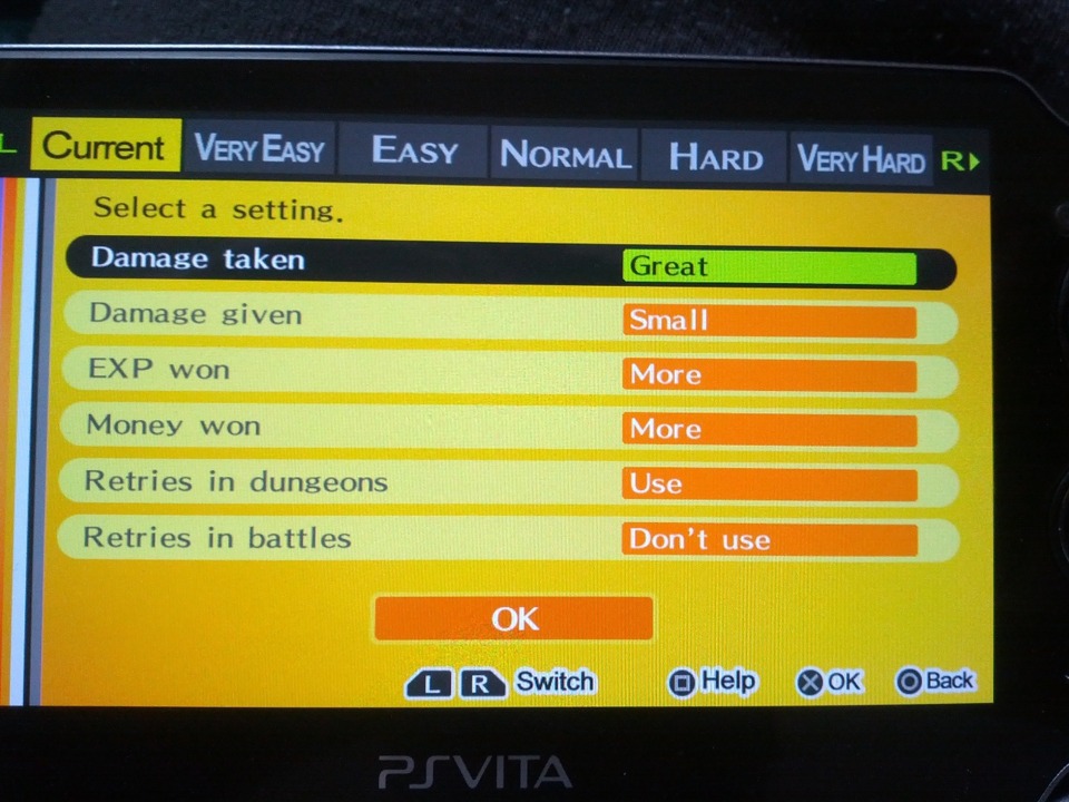 Of import: Damage settings are those of Very Hard, Retries in Battles is turned off.