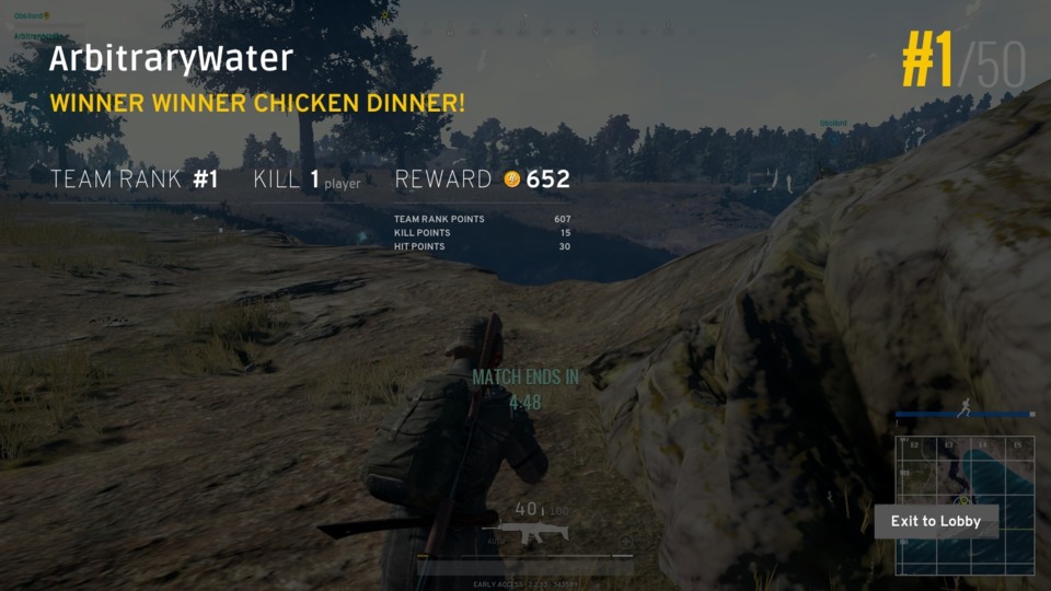 Got the Chicken Dinner in duos. Admittedly, we just won because our opponents couldn't get into the zone, but I'll take what I can get.