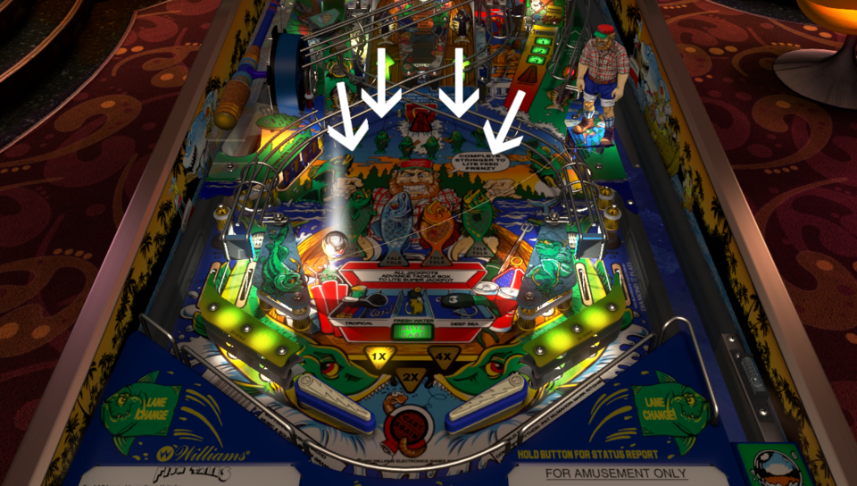 Williams's FishTales simulated in Pinball FX3. The arrows show paths that the ball can take out of lanes back towards the flippers.