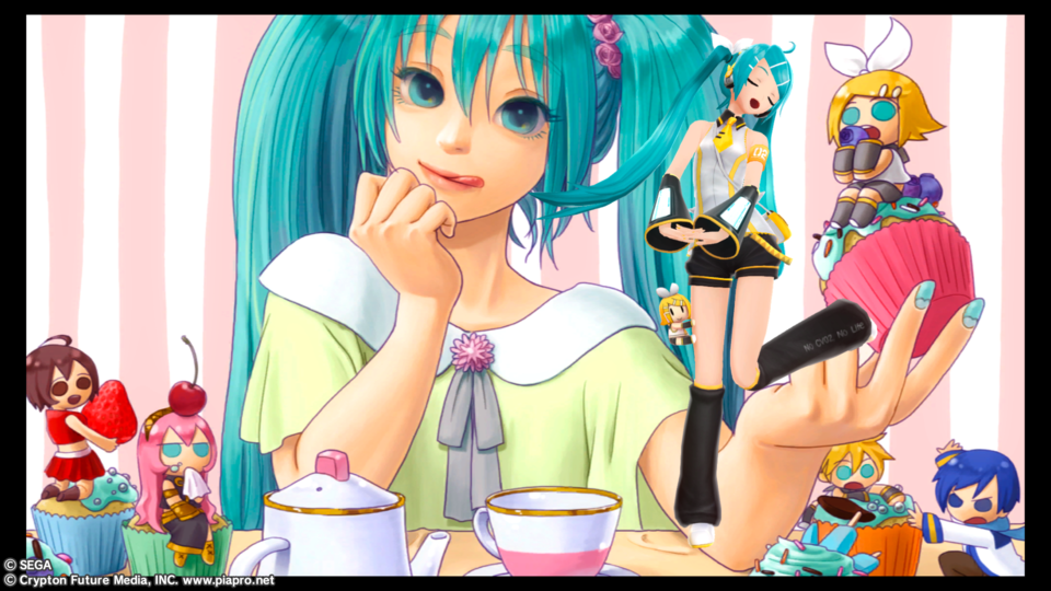 Aaaaaand crazy Rin fangirl Miku being all happy at the bizarre scene of Rin on a cupcake. Oh dear.