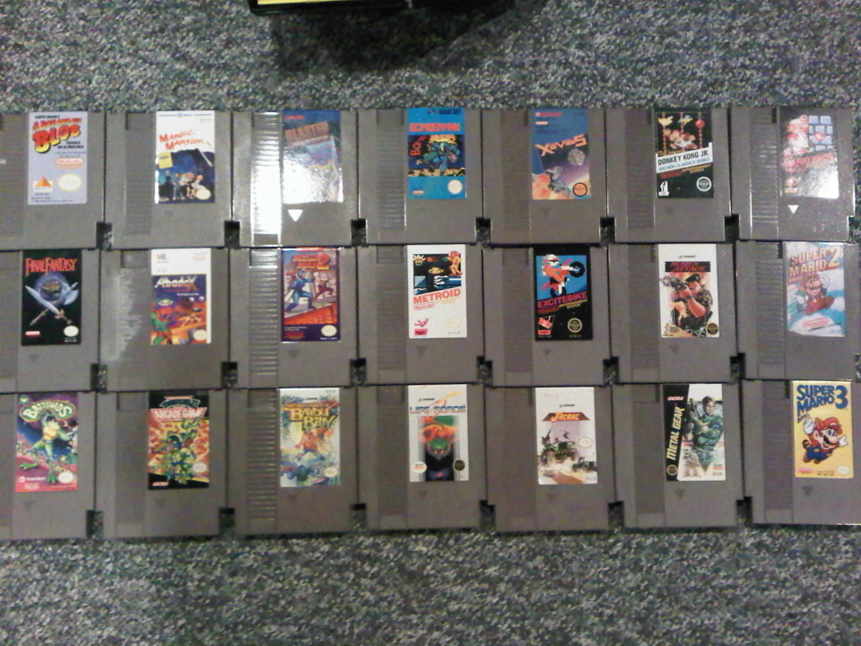  Boy and his Blob, Maniac Mansion, Master Blaster, Bomberman, Xevious, DK Jr, Super  Mario (Only mario but I also have the double and triple pack), FF1, Abadox, Mega Man 2, Metroid, Excitebike, Rush n' Attack, Super Mario 2, Battletoads, Ninja Turtles 2 Arcade Game, Bayou Bully, Life Force, Jackle, Metal Gear, Super Mario Bros 3.