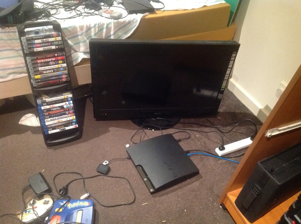 In the middle of shifting things around and cleaning up the room. My PS3, Games and Blu-Ray movies hooked up to my 32' TV.